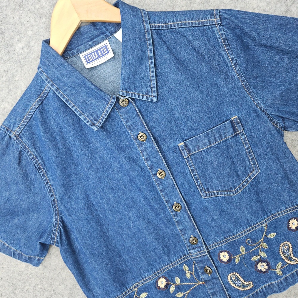 Erika & Co Women's Dark Blue Denim Shirt Size PL 100% Cotton Floral Embroidered